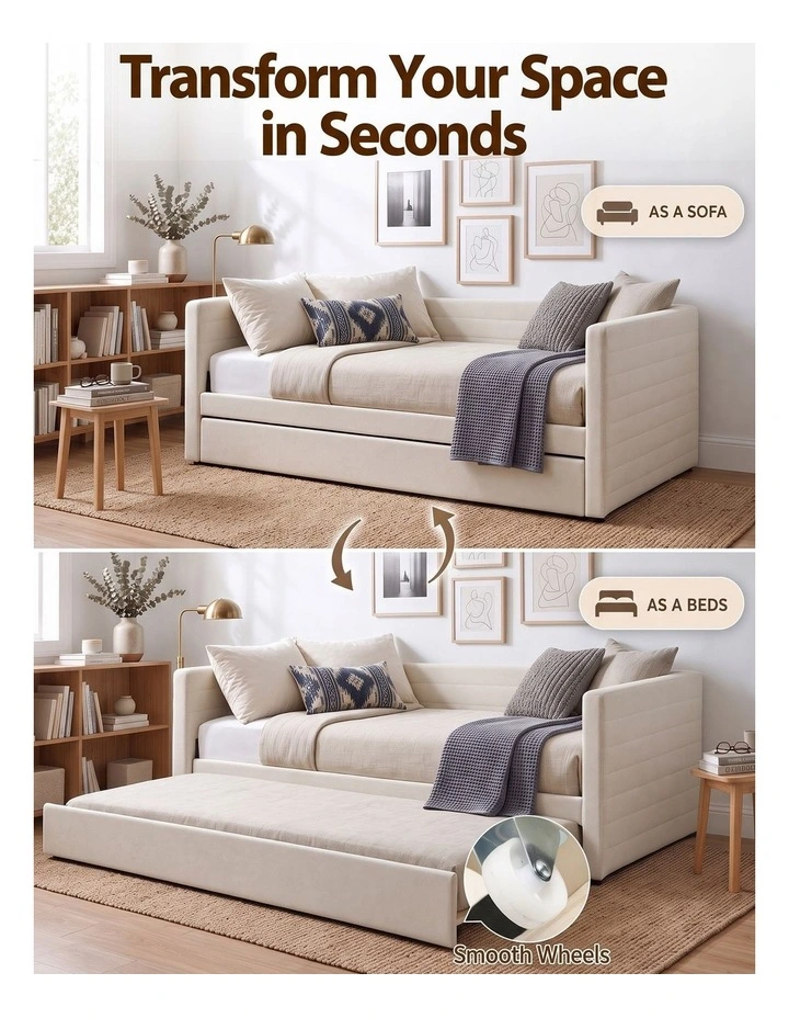 Artiss King Single Daybed with Trundle, Boucle Upholstered Bed Frame Guest Bed image 4