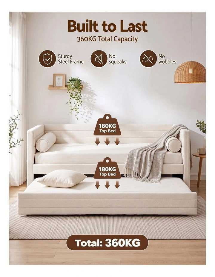 Artiss King Single Daybed with Trundle, Boucle Upholstered Bed Frame Guest Bed image 5