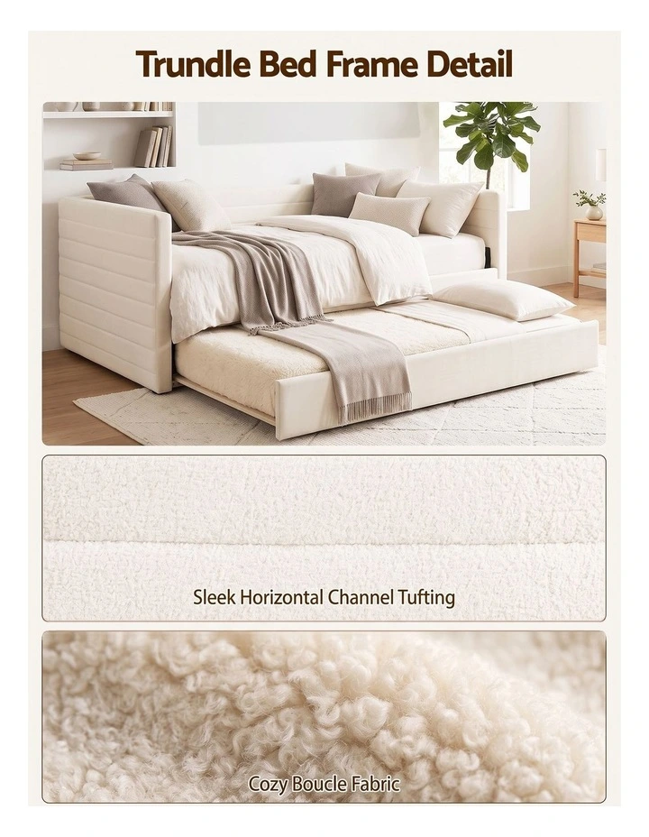 Artiss King Single Daybed with Trundle, Boucle Upholstered Bed Frame Guest Bed image 6