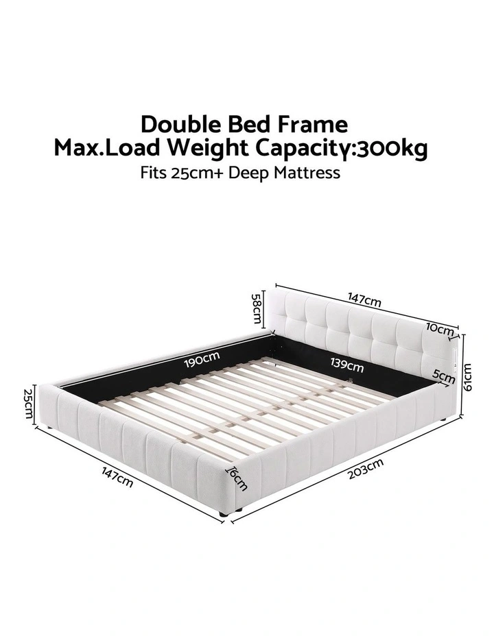 Artiss Double Bed Frame with Charging, LED Lights & Tufted Headboard image 2