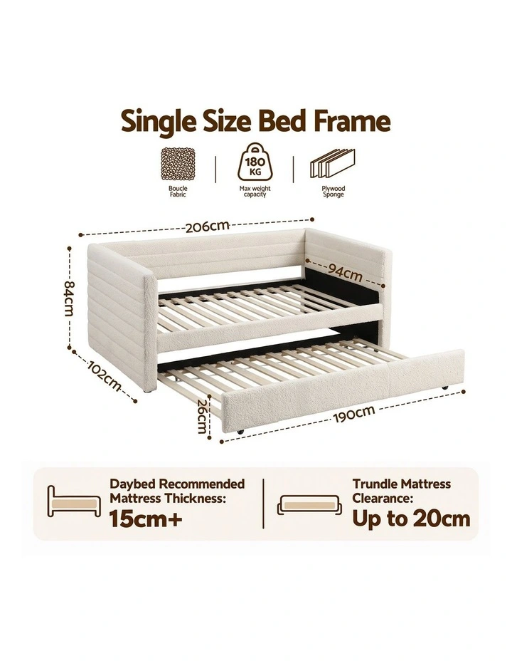 Artiss Single Daybed with Trundle, Boucle Upholstered Bed Frame Guest Bed image 2