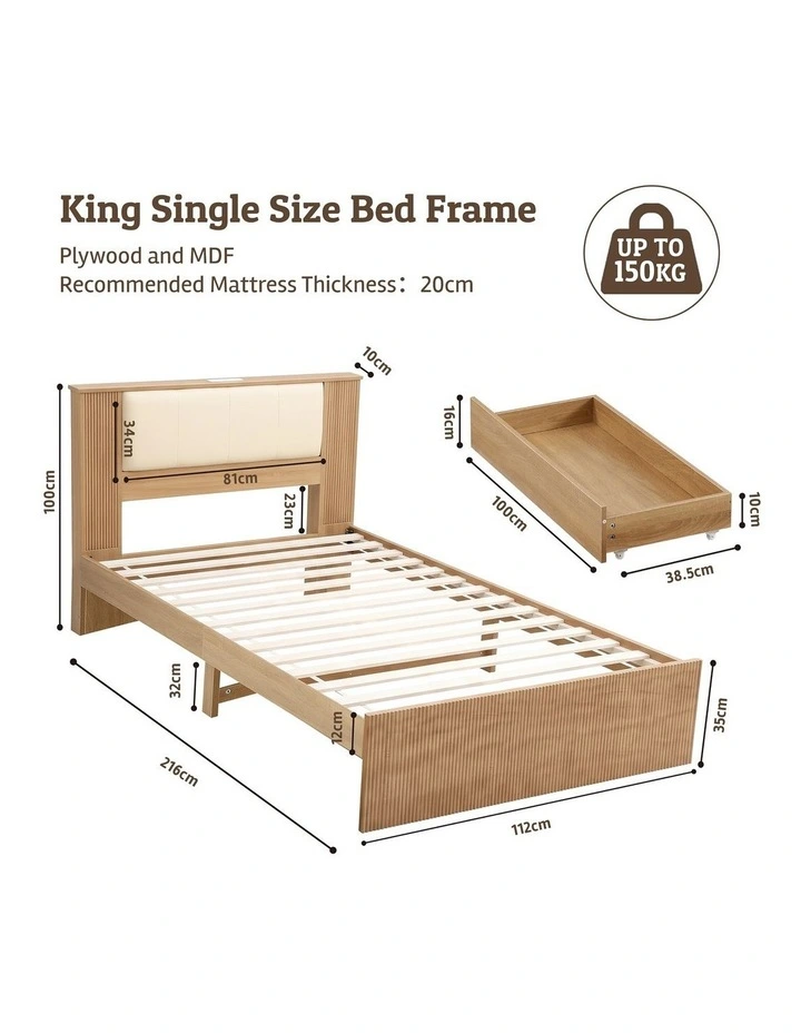 Artiss King Single Bed Frame with 2 Drawers, PU Leather Headboard & Charging Station image 2