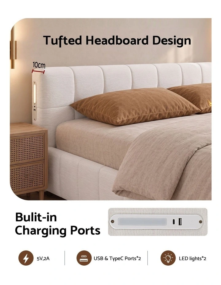 Artiss King Bed Frame with Charging, LED Lights & Tufted Headboard image 5