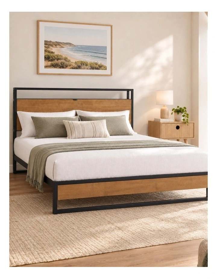 Suzanne Ironline Metal & Wood Bed Frame with USB Port and Headboard Shelf image 1