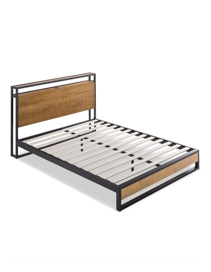 Suzanne Ironline Metal & Wood Bed Frame with USB Port and Headboard Shelf image 2