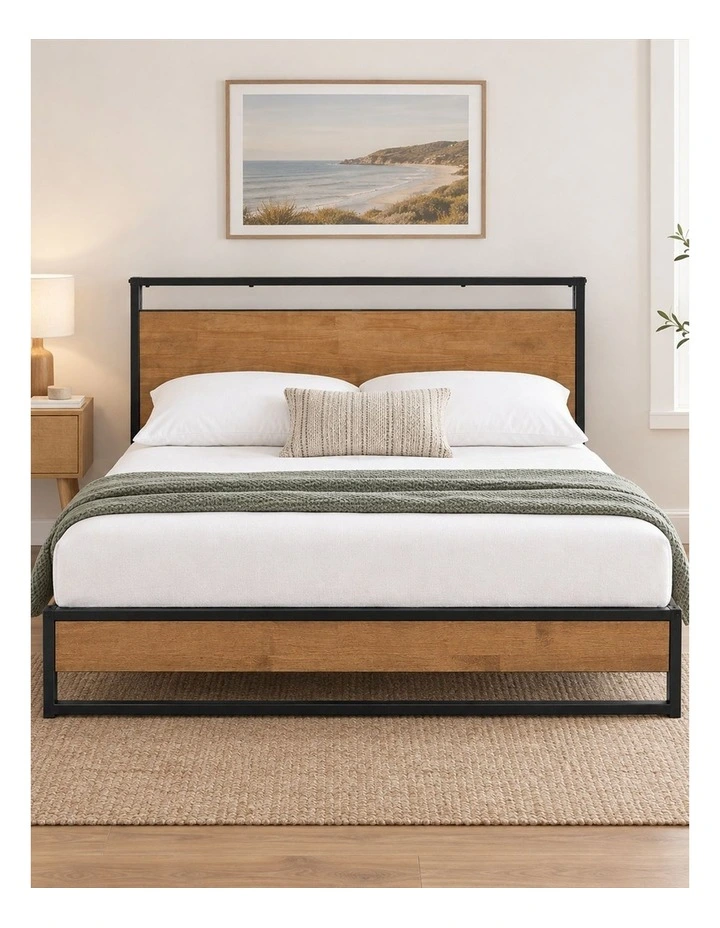 Suzanne Ironline Metal & Wood Bed Frame with USB Port and Headboard Shelf image 3