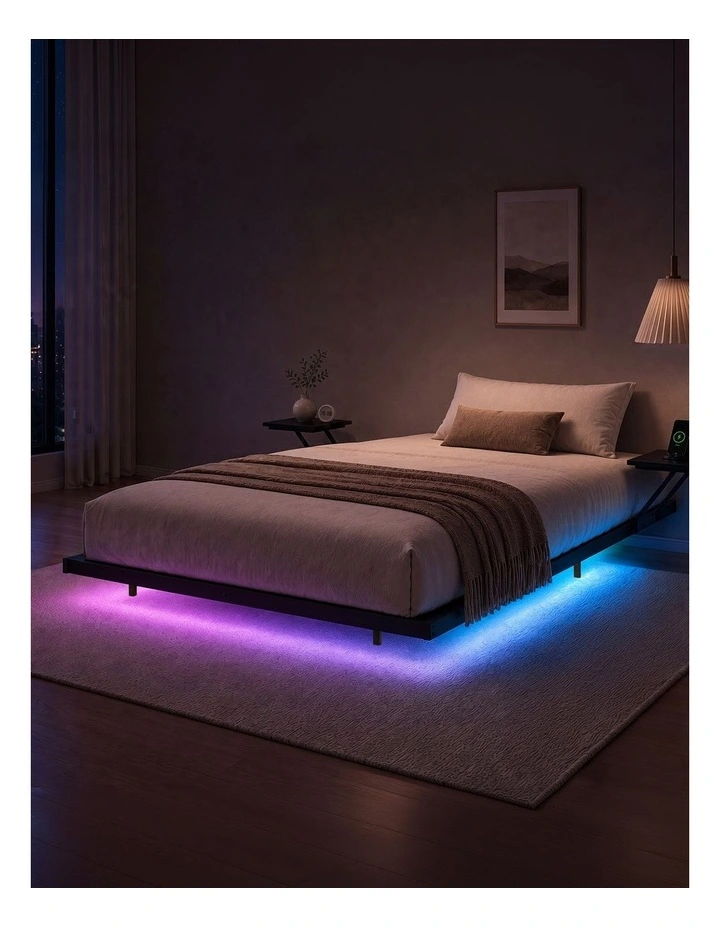 Levede Double Bed Frame Floating Frame with Storage Shelves RGB Lights Black image 4