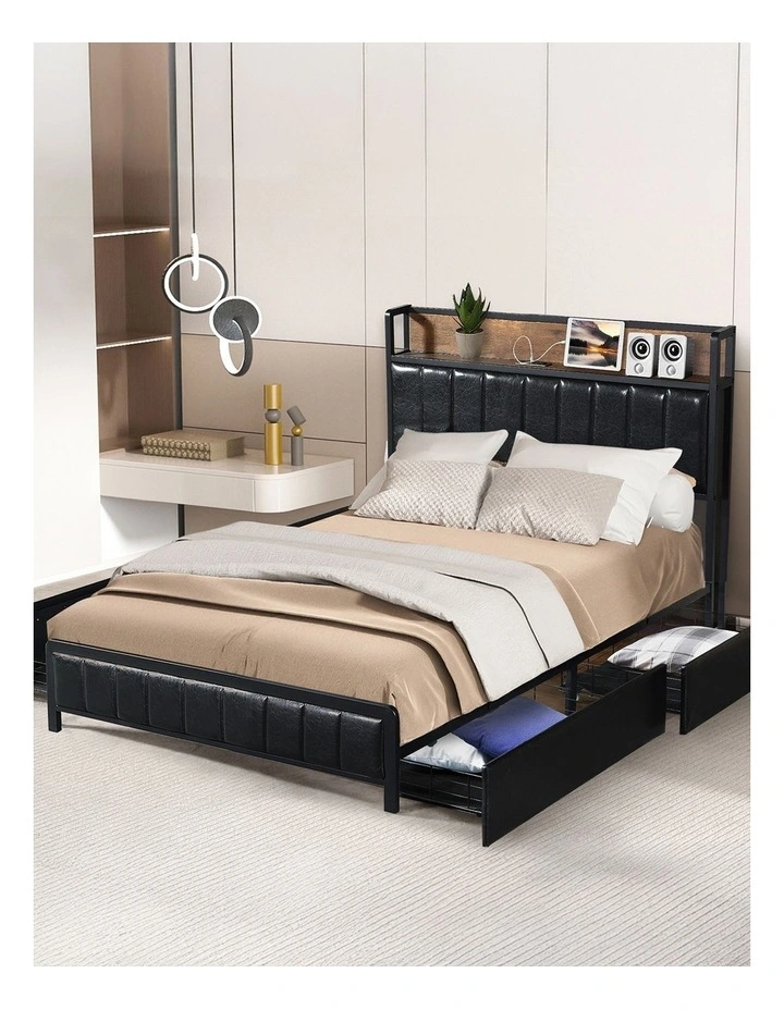 Levede Double Bed Frame PU Mattress Base Storage Drawer Headboard USB Charge image 1