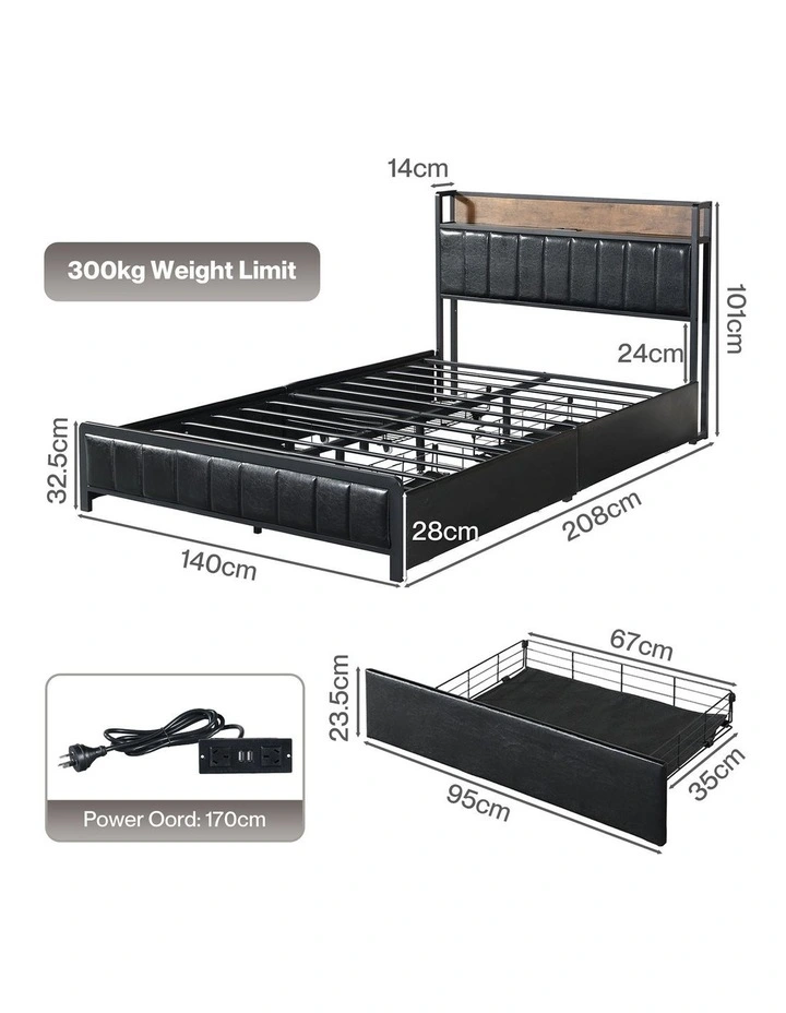 Levede Double Bed Frame PU Mattress Base Storage Drawer Headboard USB Charge image 2