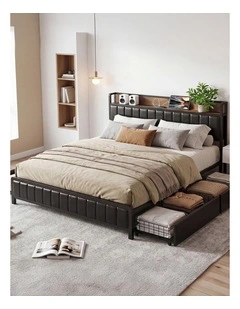 Levede King Bed Frame Leather Storage Base with USB Charging Brown Black