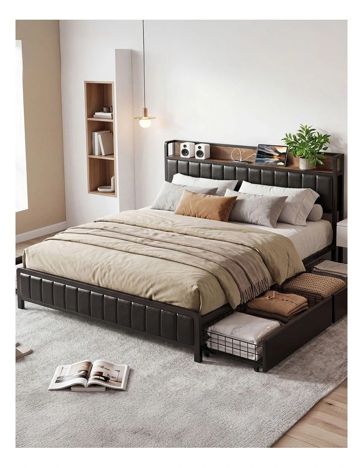 Levede King Bed Frame Leather Storage Base with USB Charging Brown Black image 1