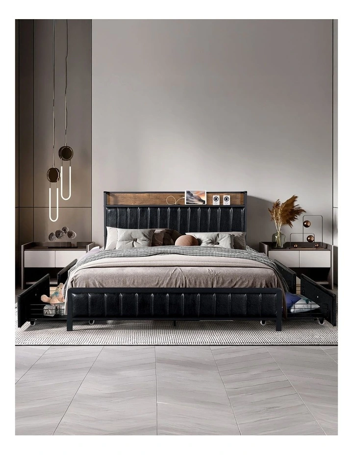 Levede King Bed Frame Leather Storage Base with USB Charging Brown Black image 2