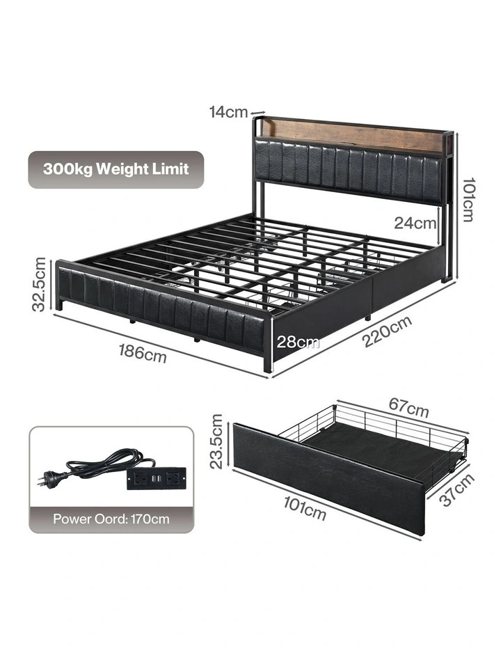 Levede King Bed Frame Leather Storage Base with USB Charging Brown Black image 3