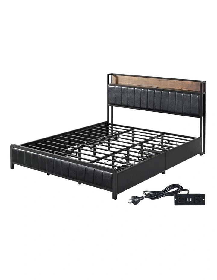 Levede King Bed Frame Leather Storage Base with USB Charging Brown Black image 6