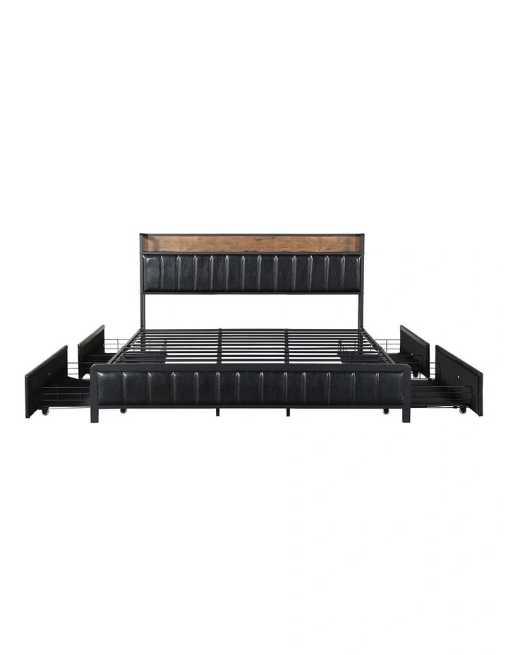 Levede King Bed Frame Leather Storage Base with USB Charging Brown Black image 7