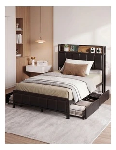 Levede Single Bed Frame Leather Storage Base, USB Headboard, Brown Black