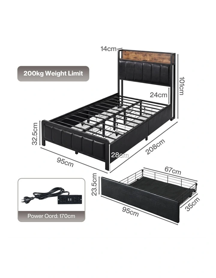 Levede Single Bed Frame Leather Storage Base, USB Headboard, Brown Black image 2