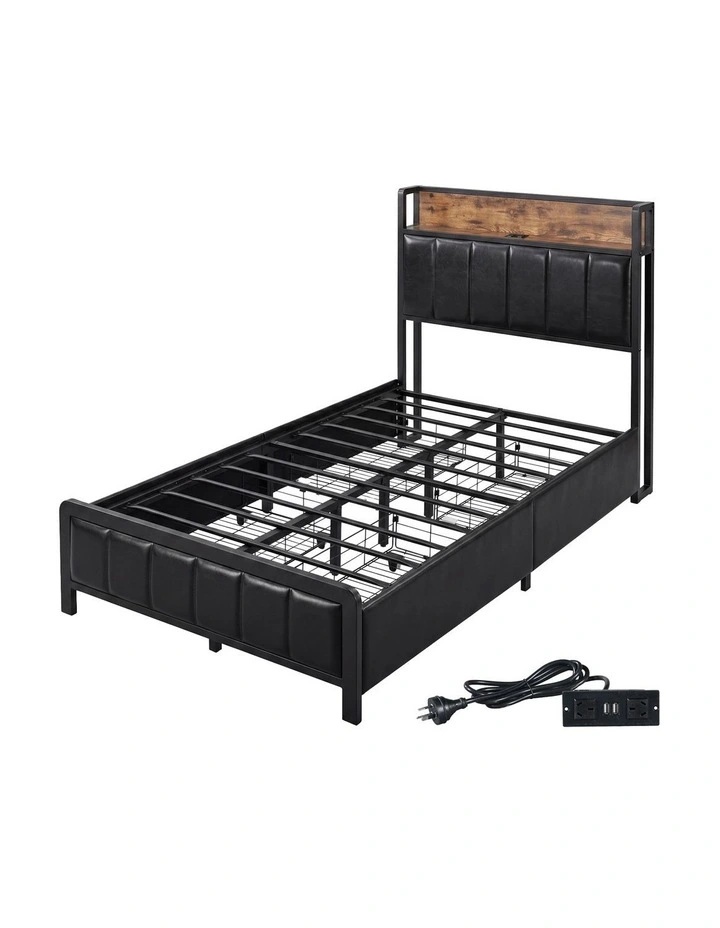 Levede Single Bed Frame Leather Storage Base, USB Headboard, Brown Black image 3