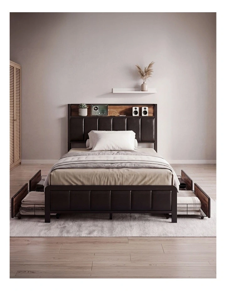 Levede Single Bed Frame Leather Storage Base, USB Headboard, Brown Black image 6