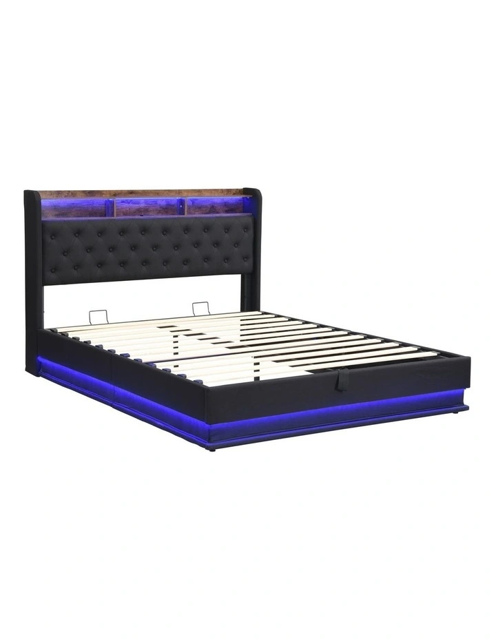 Gas Lift Bed Frame with with LED Lights & Charging Station, Upholstered Platform Bed with Storage image 1
