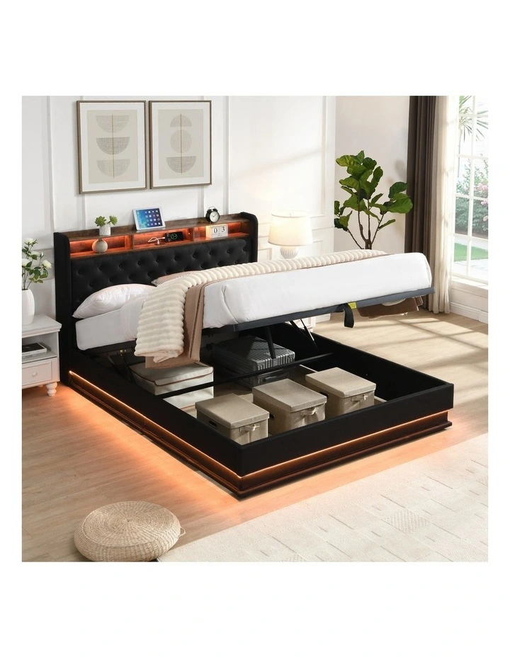 Gas Lift Bed Frame with with LED Lights & Charging Station, Upholstered Platform Bed with Storage image 2