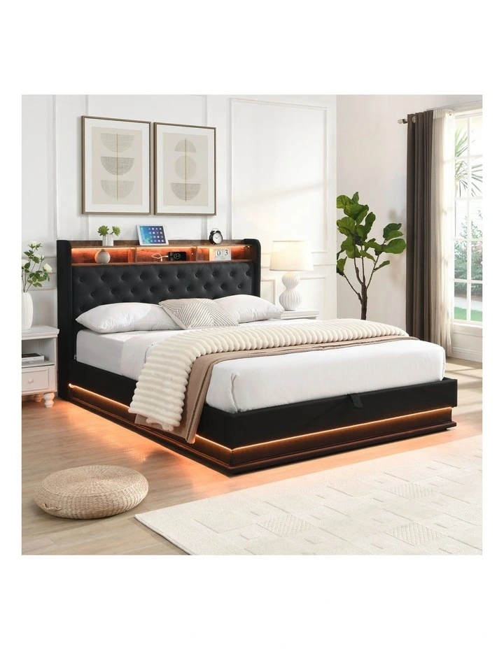 Gas Lift Bed Frame with with LED Lights & Charging Station, Upholstered Platform Bed with Storage image 3