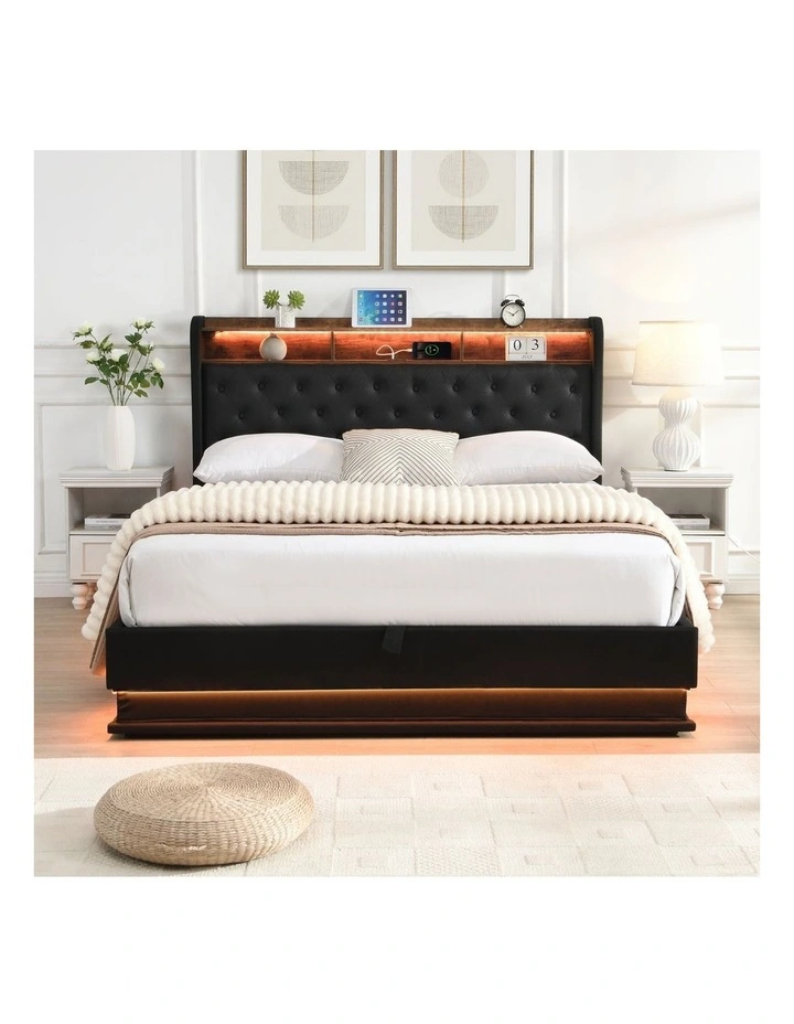 Gas Lift Bed Frame with with LED Lights & Charging Station, Upholstered Platform Bed with Storage image 4