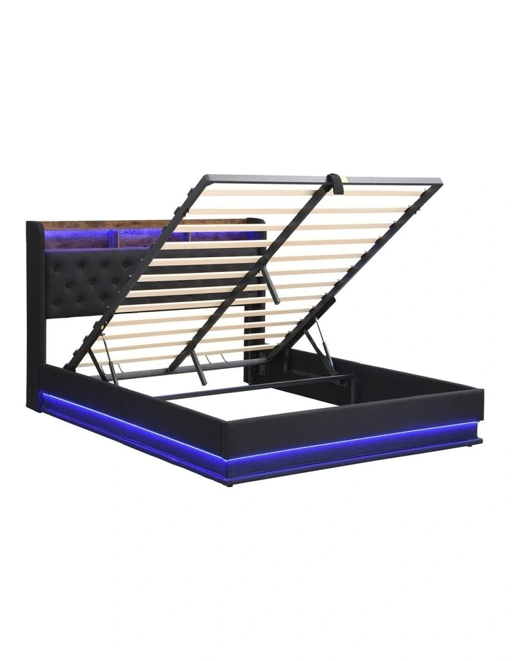 Gas Lift Bed Frame with with LED Lights & Charging Station, Upholstered Platform Bed with Storage image 5