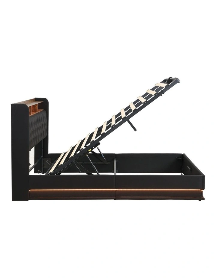 Gas Lift Bed Frame with with LED Lights & Charging Station, Upholstered Platform Bed with Storage image 6