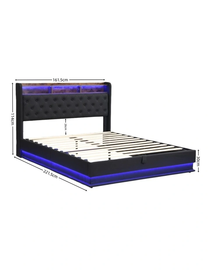 Gas Lift Bed Frame with with LED Lights & Charging Station, Upholstered Platform Bed with Storage image 7