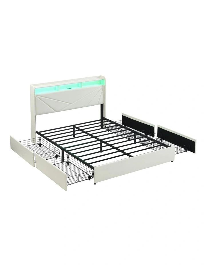 Beige Upholstered Bed Frame with 4 Storage Drawers, Bed with USB Charging Station and Led Lights image 1