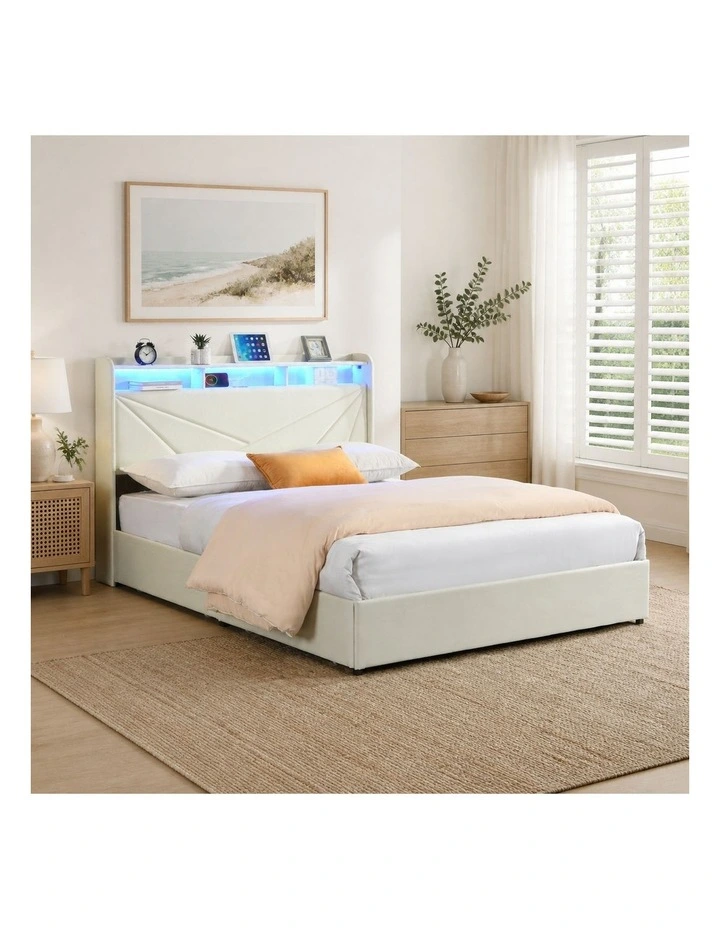 Beige Upholstered Bed Frame with 4 Storage Drawers, Bed with USB Charging Station and Led Lights image 2