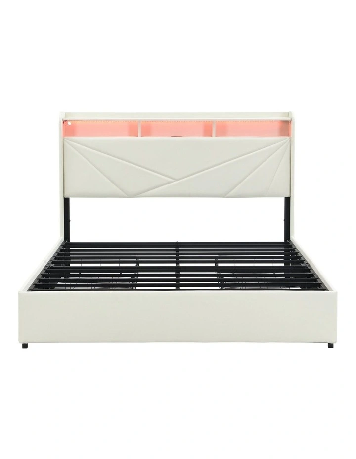 Beige Upholstered Bed Frame with 4 Storage Drawers, Bed with USB Charging Station and Led Lights image 3