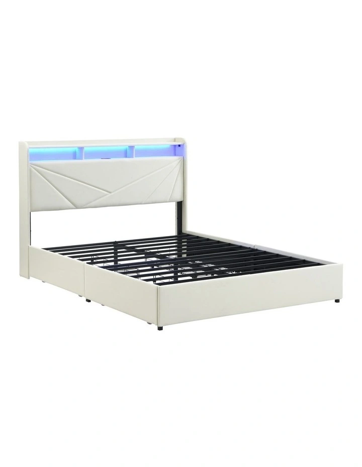 Beige Upholstered Bed Frame with 4 Storage Drawers, Bed with USB Charging Station and Led Lights image 4