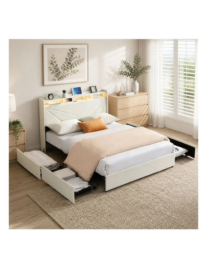 Beige Upholstered Bed Frame with 4 Storage Drawers, Bed with USB Charging Station and Led Lights image 6