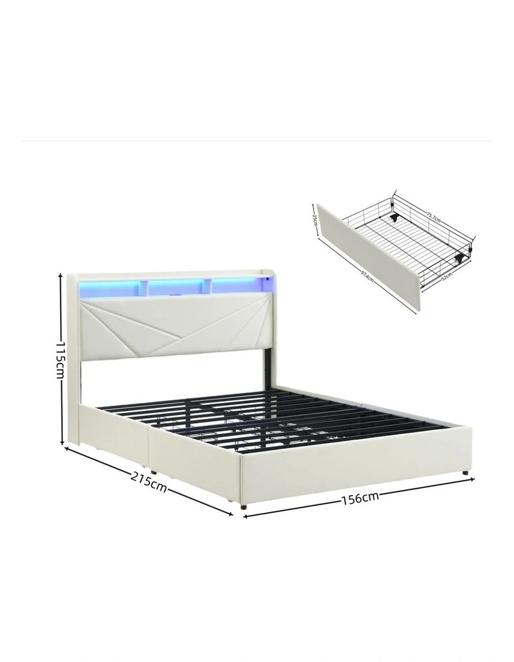 Beige Upholstered Bed Frame with 4 Storage Drawers, Bed with USB Charging Station and Led Lights image 7