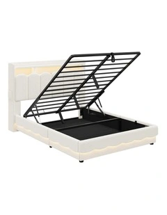 Beige Boucl Gas Lift Storage Bed Frame with RGB LED Lights and Charging Station