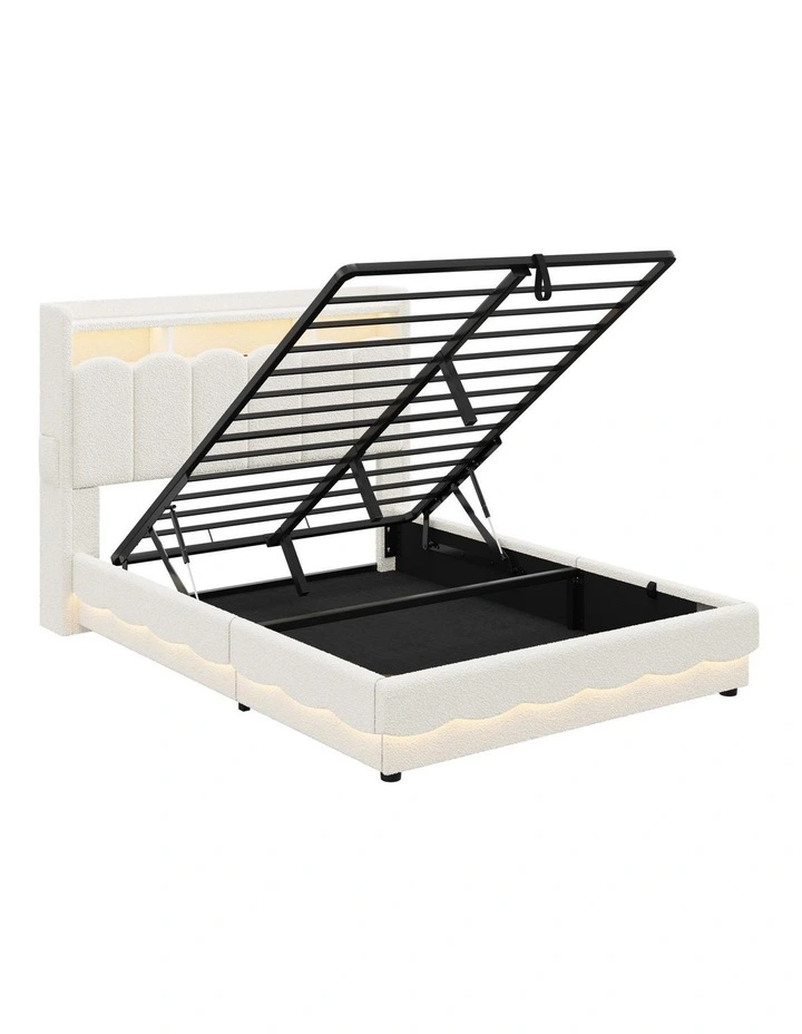Beige Boucl Gas Lift Storage Bed Frame with RGB LED Lights and Charging Station image 1