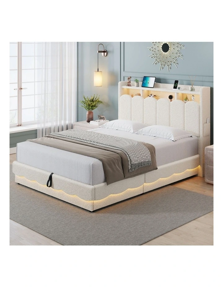 Beige Boucl Gas Lift Storage Bed Frame with RGB LED Lights and Charging Station image 2