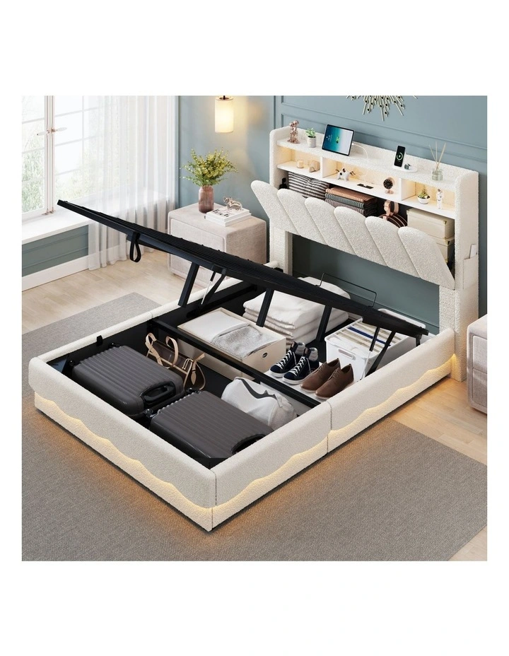 Beige Boucl Gas Lift Storage Bed Frame with RGB LED Lights and Charging Station image 3