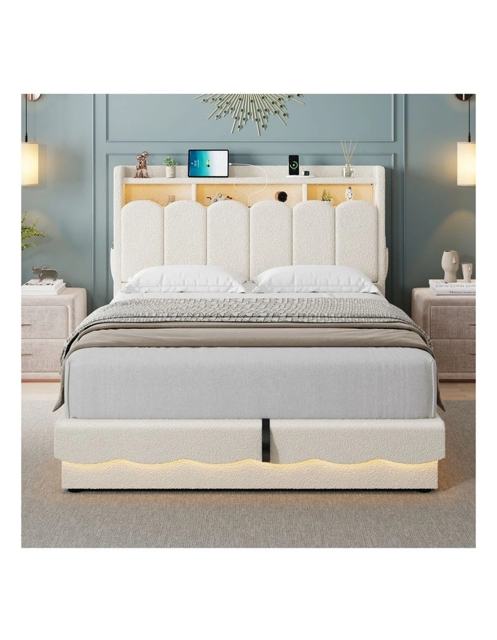 Beige Boucl Gas Lift Storage Bed Frame with RGB LED Lights and Charging Station image 4