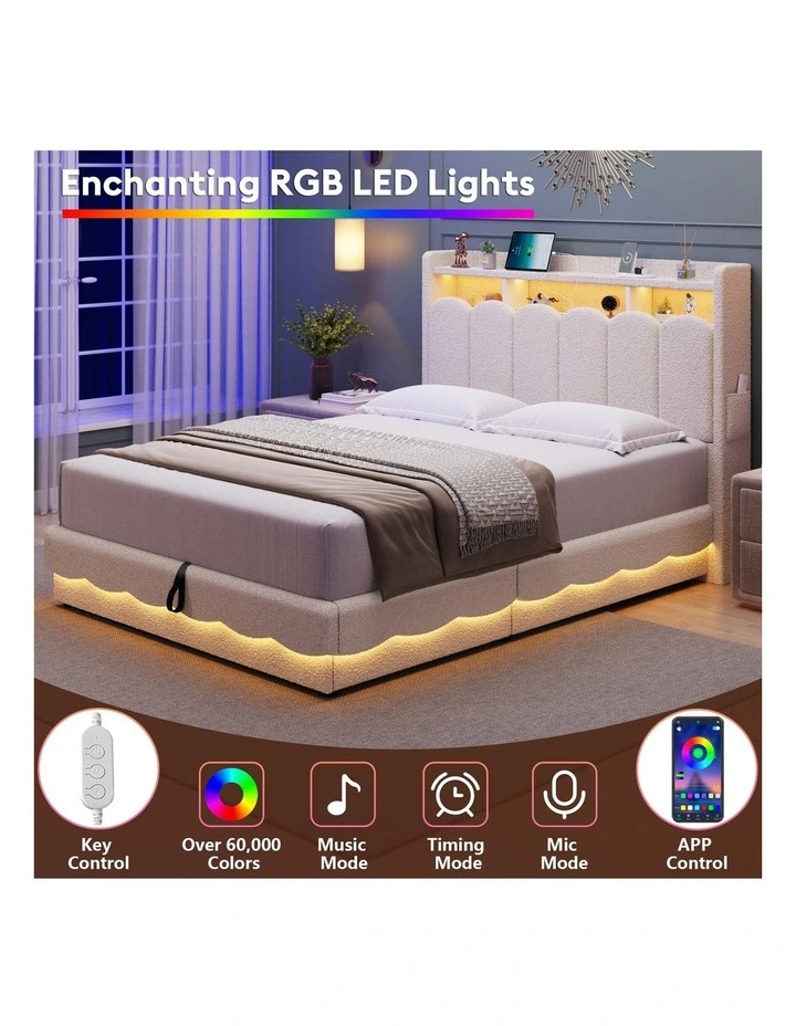 Beige Boucl Gas Lift Storage Bed Frame with RGB LED Lights and Charging Station image 5