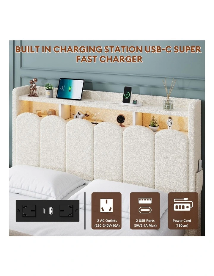 Beige Boucl Gas Lift Storage Bed Frame with RGB LED Lights and Charging Station image 6
