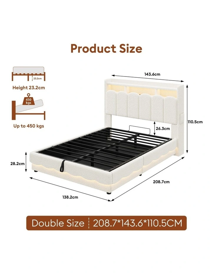 Beige Boucl Gas Lift Storage Bed Frame with RGB LED Lights and Charging Station image 7