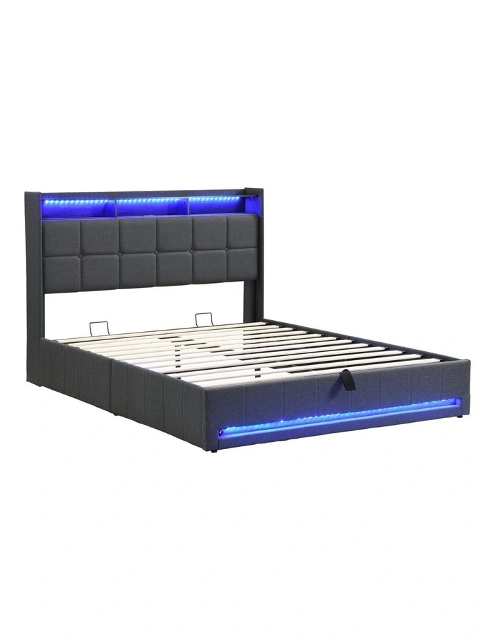 Gas Lift Bed Frame with LED Lights and Charging Station, Button Tufted Upholstery Storage Headboard image 1
