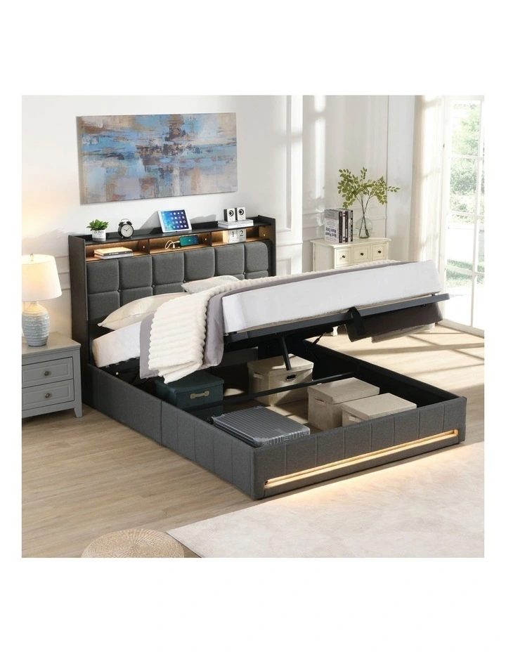 Gas Lift Bed Frame with LED Lights and Charging Station, Button Tufted Upholstery Storage Headboard image 2
