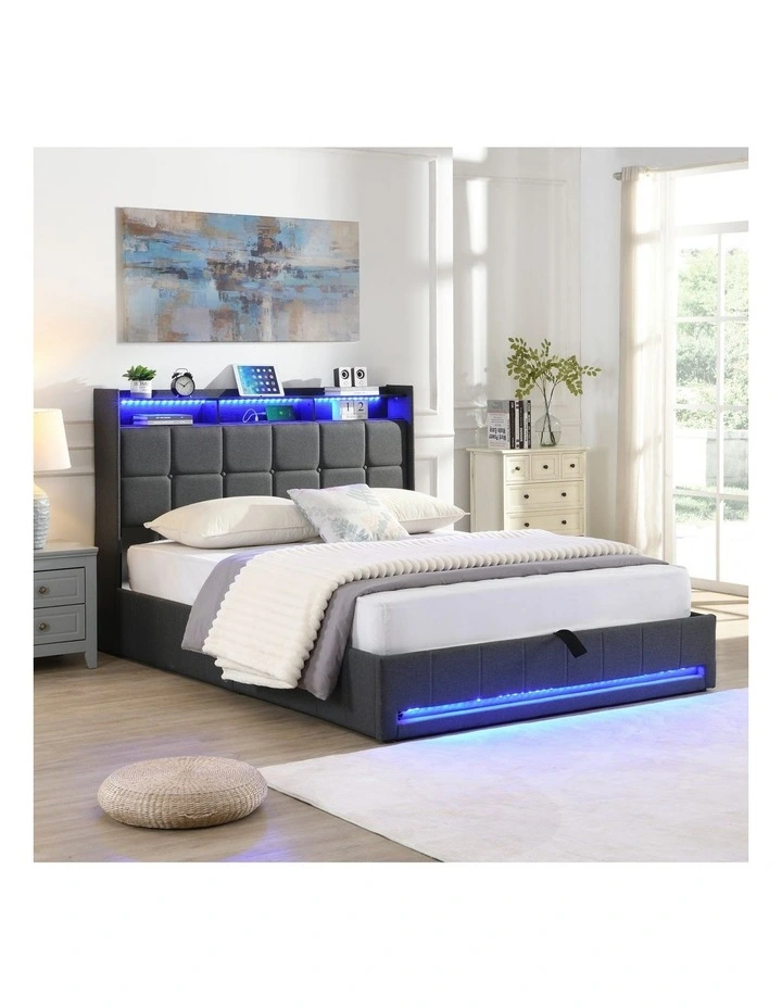 Gas Lift Bed Frame with LED Lights and Charging Station, Button Tufted Upholstery Storage Headboard image 3