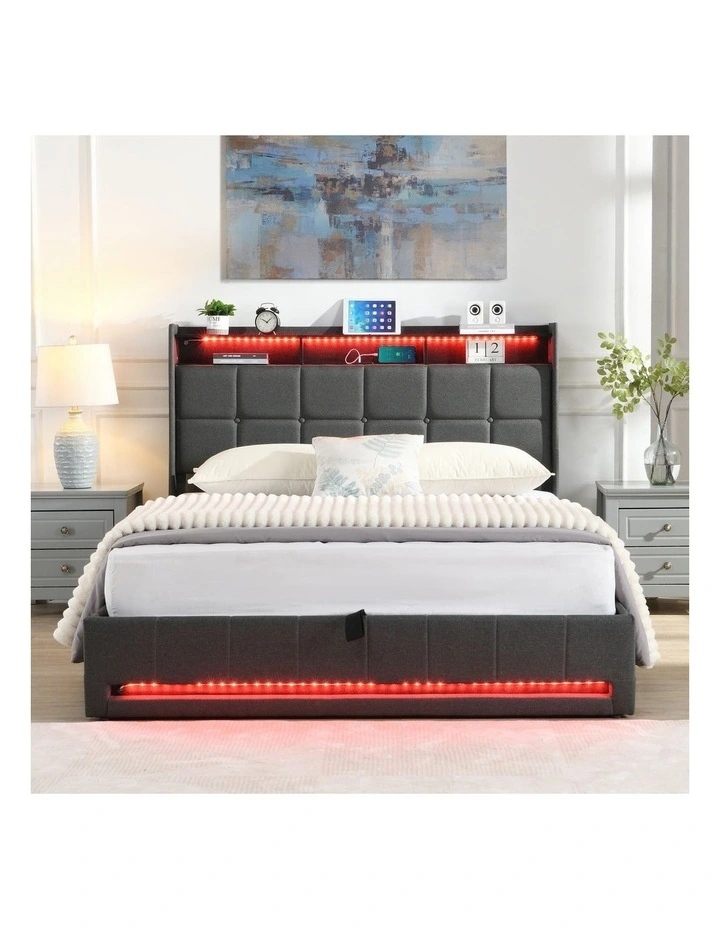 Gas Lift Bed Frame with LED Lights and Charging Station, Button Tufted Upholstery Storage Headboard image 4