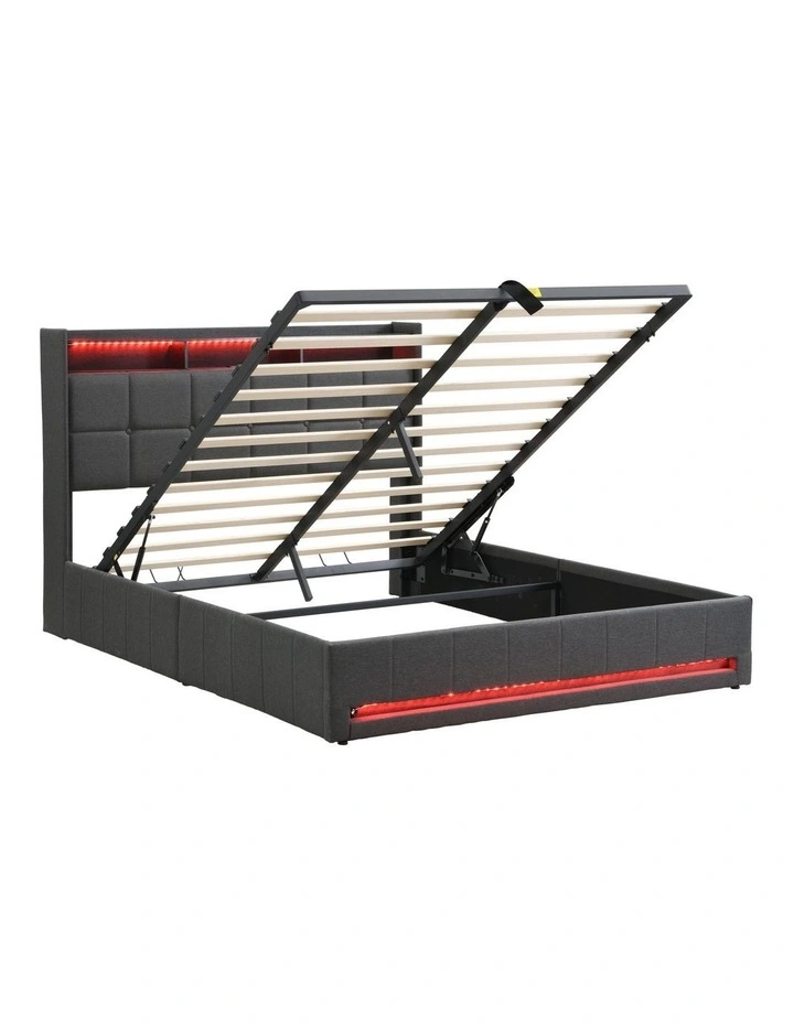 Gas Lift Bed Frame with LED Lights and Charging Station, Button Tufted Upholstery Storage Headboard image 5