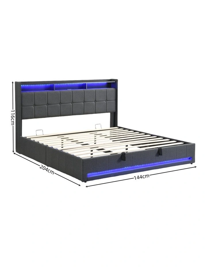 Gas Lift Bed Frame with LED Lights and Charging Station, Button Tufted Upholstery Storage Headboard image 6